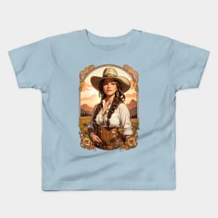 Farm Cowgirl at sunset in boho tribal retro vintage design Kids T-Shirt